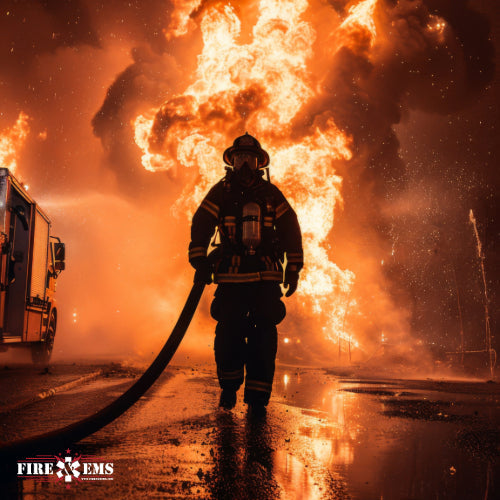 Firefighter walking towards fire
