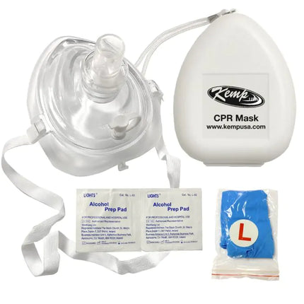 Kemp USA CPR Mask with O2 Inlet, Headstrap, Gloves, and Wipes