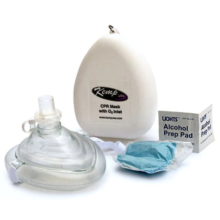 Kemp USA CPR Mask with O2 Inlet, Headstrap, Gloves, and Wipes