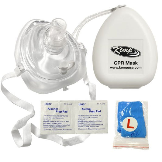Kemp USA CPR Mask With O2 Inlet, Headstrap, Gloves, And Wipes