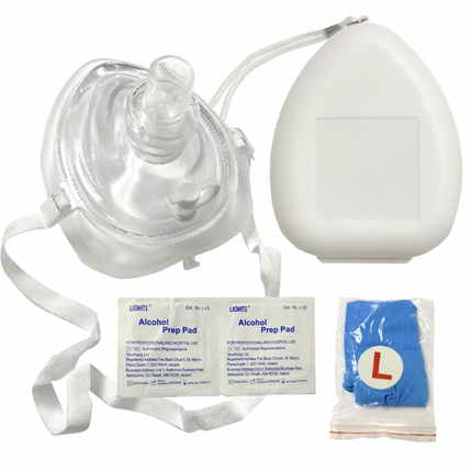 Kemp USA CPR Mask With O2 Inlet, Headstrap, Gloves, And Wipes