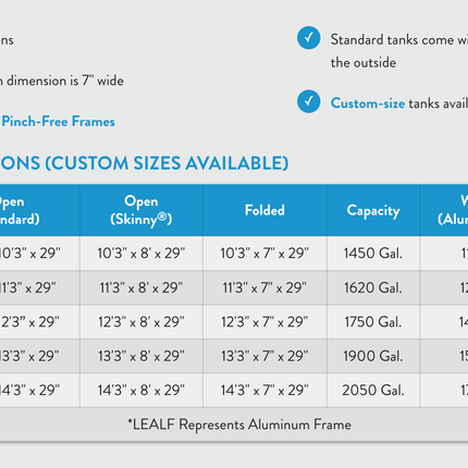 Leading Edge® Folding Frame Portable Tanks Specifications