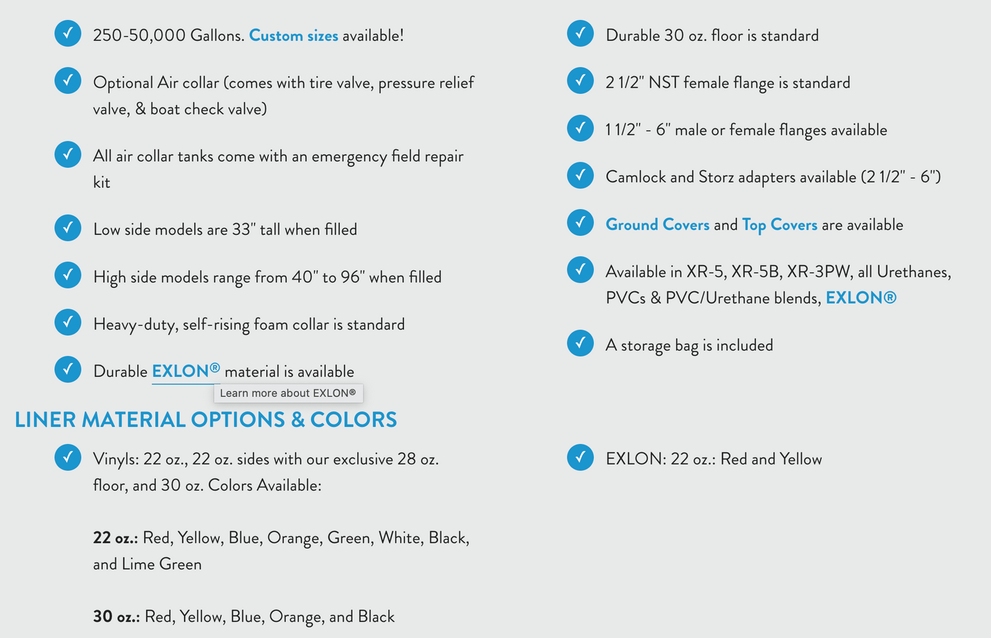 Self-Supporting Frameless Portable Water Tanks Specifications