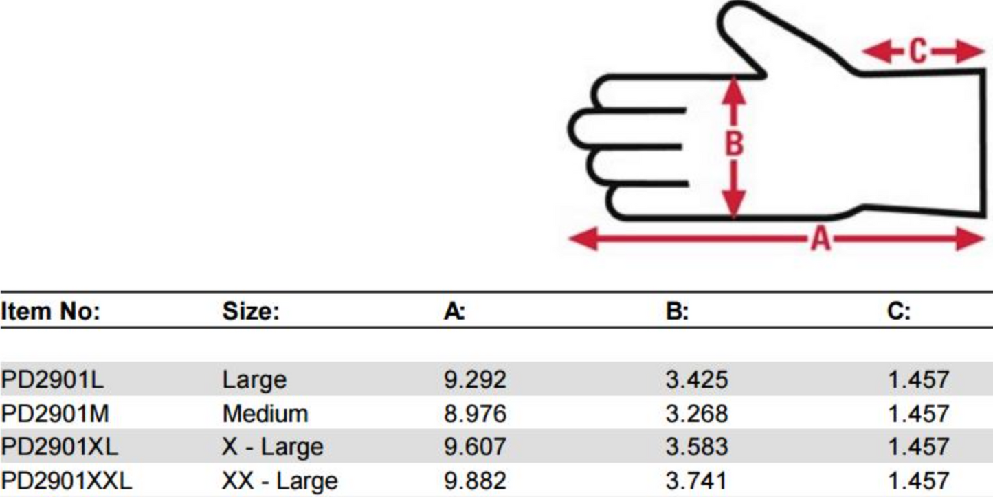 MCR Safety PD2901 Predator Multi-Task Gloves - PU Coated Synthetic Leather Palm - Tire Tread TPR on Back Size Chart