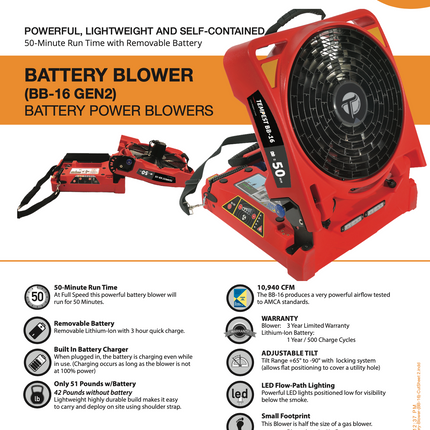 TEMPEST BB-16 BATTERY BLOWER - W/ REMOVABLE BATTERY