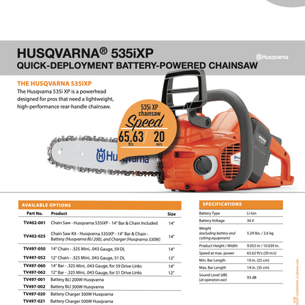 HUSQVARNA® 535I XP QUICK-DEPLOYMENT BATTERY-POWERED SAWS
