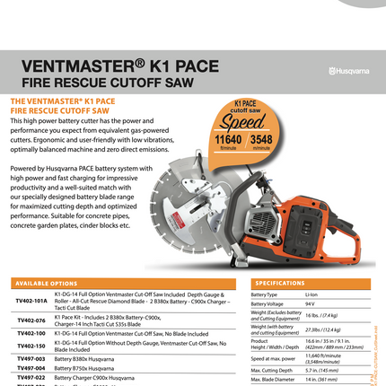 Ventmaster® K1 Pace Fire Rescue Cutoff Saws